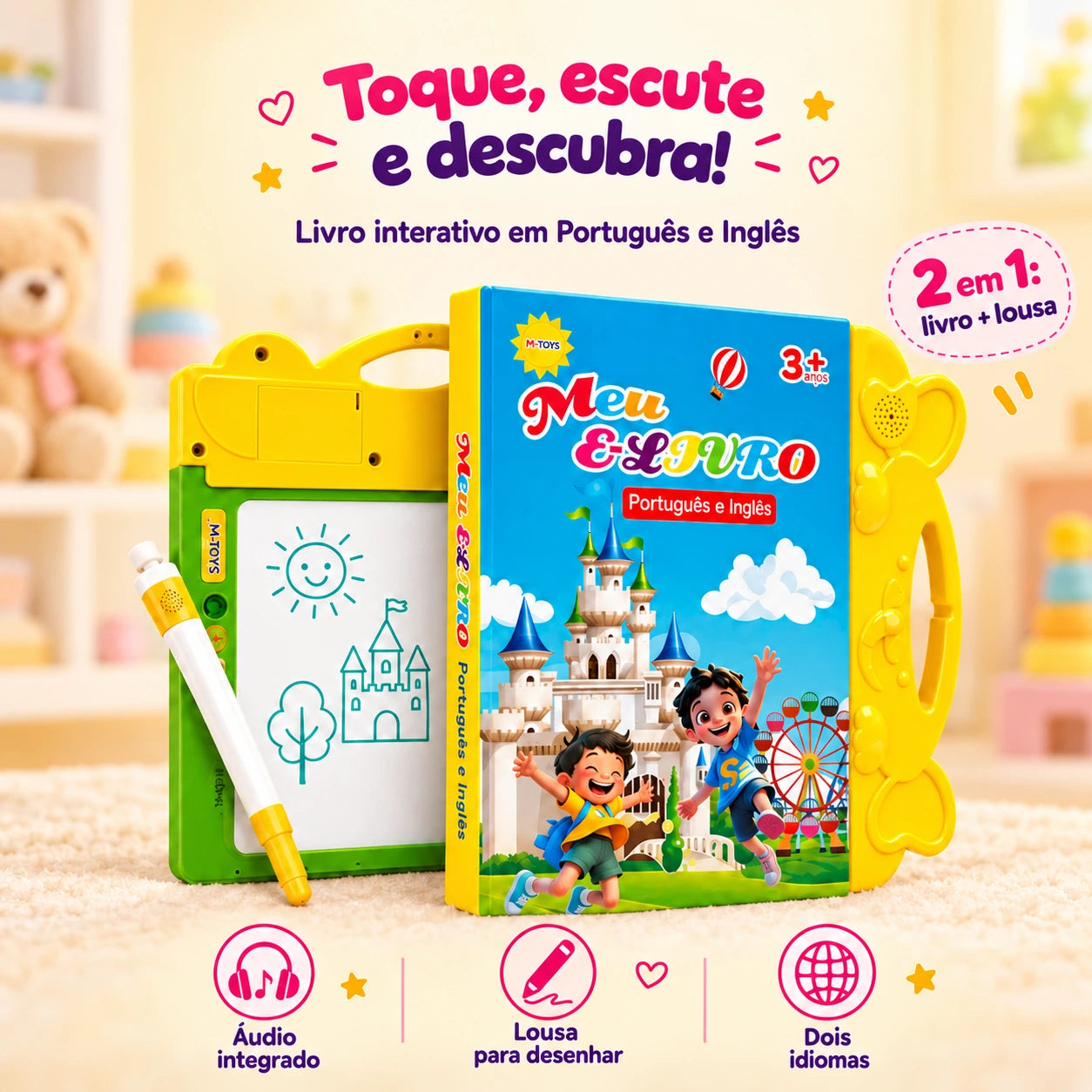 Livro bilíngue 2 em 1, livro e lousa