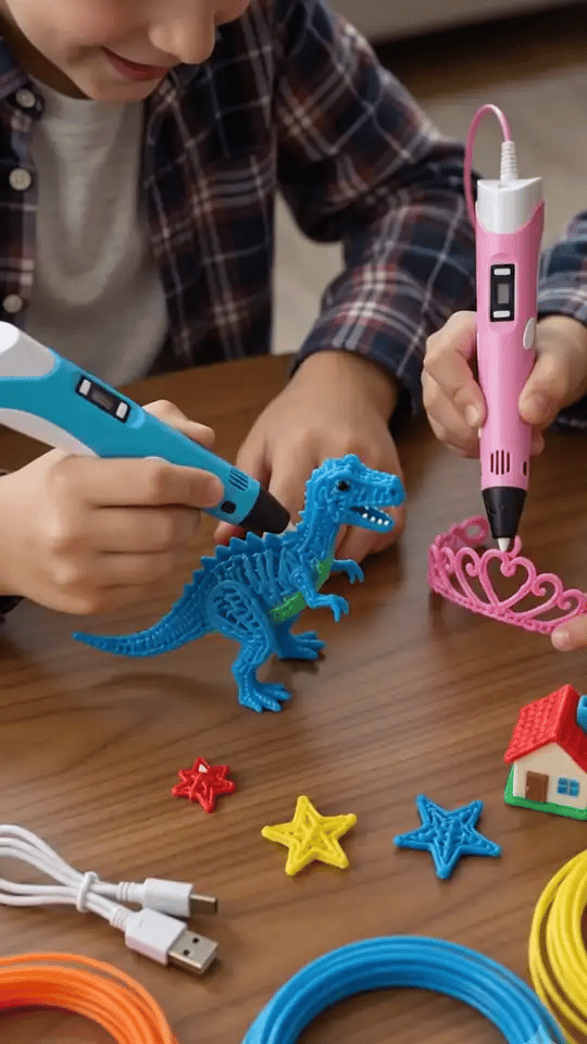 Casinha, dinossauro, estrela e coroa feitos com caneta 3D