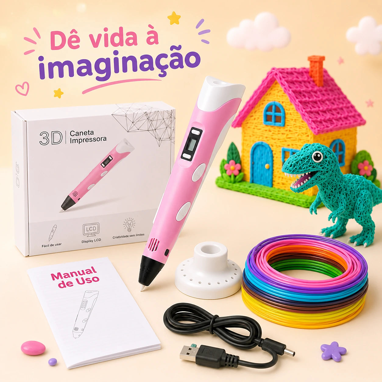 Caneta 3D rosa ao lado de uma casinha e um dinossauro feitos com filamento