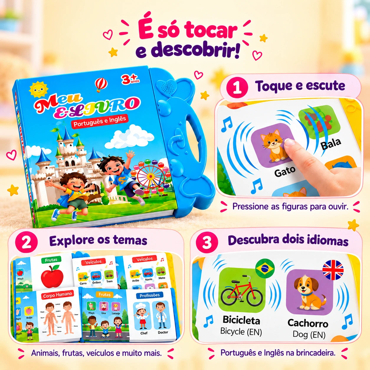 Como funciona: toque e escute, explore os temas, descubra dois idiomas