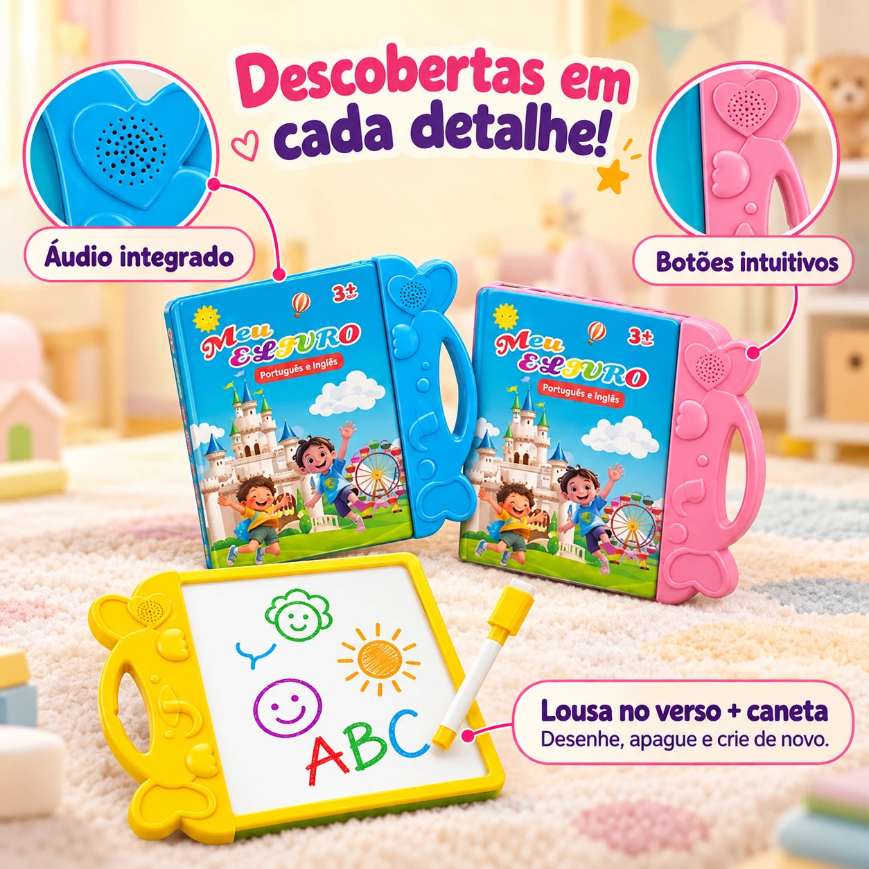 Detalhes: áudio integrado, botões e lousa no verso com caneta