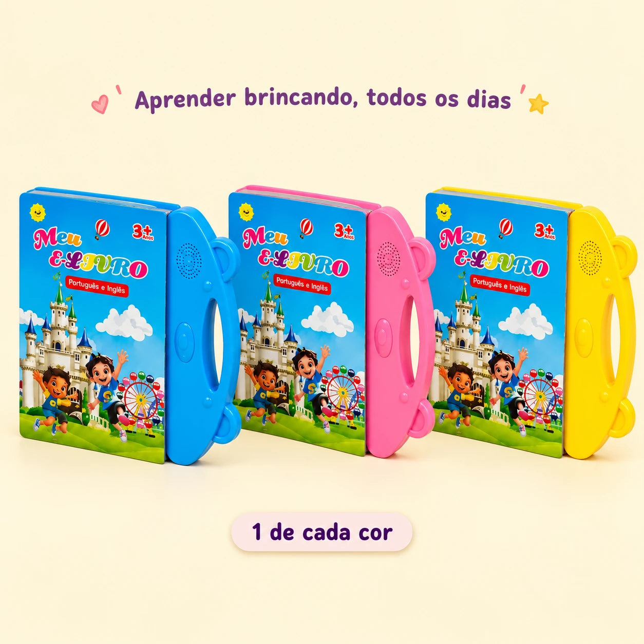 Livro bilíngue nas cores azul, rosa e amarelo